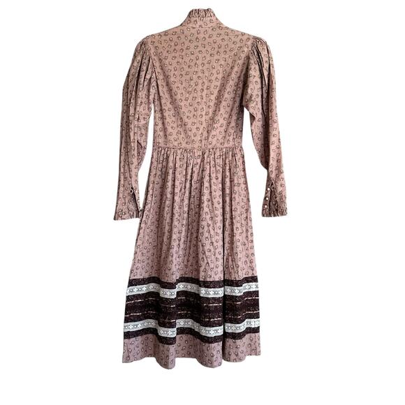 Vintage Boho Dress Prairie Style Brown Floral Print Button Ruffle Trim Size XS - Picture 2 of 8